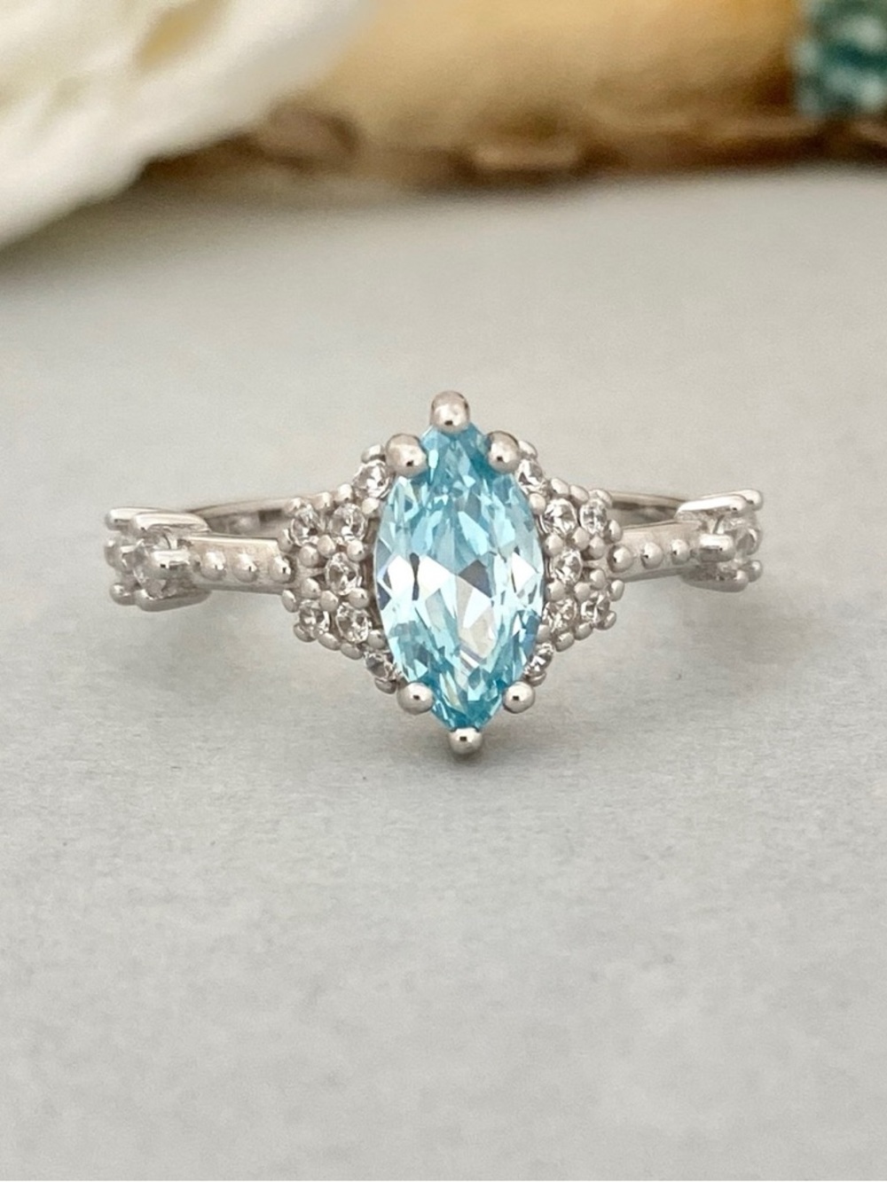 Marquise Blue Aquamarine CZ 925 Sterling Silver Band Round CZ Women’s Ring